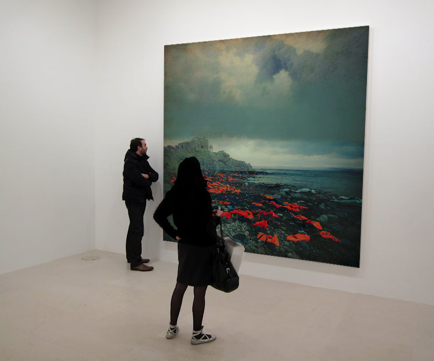 Looking at a large painting by TD titled Dead Coastline 2017